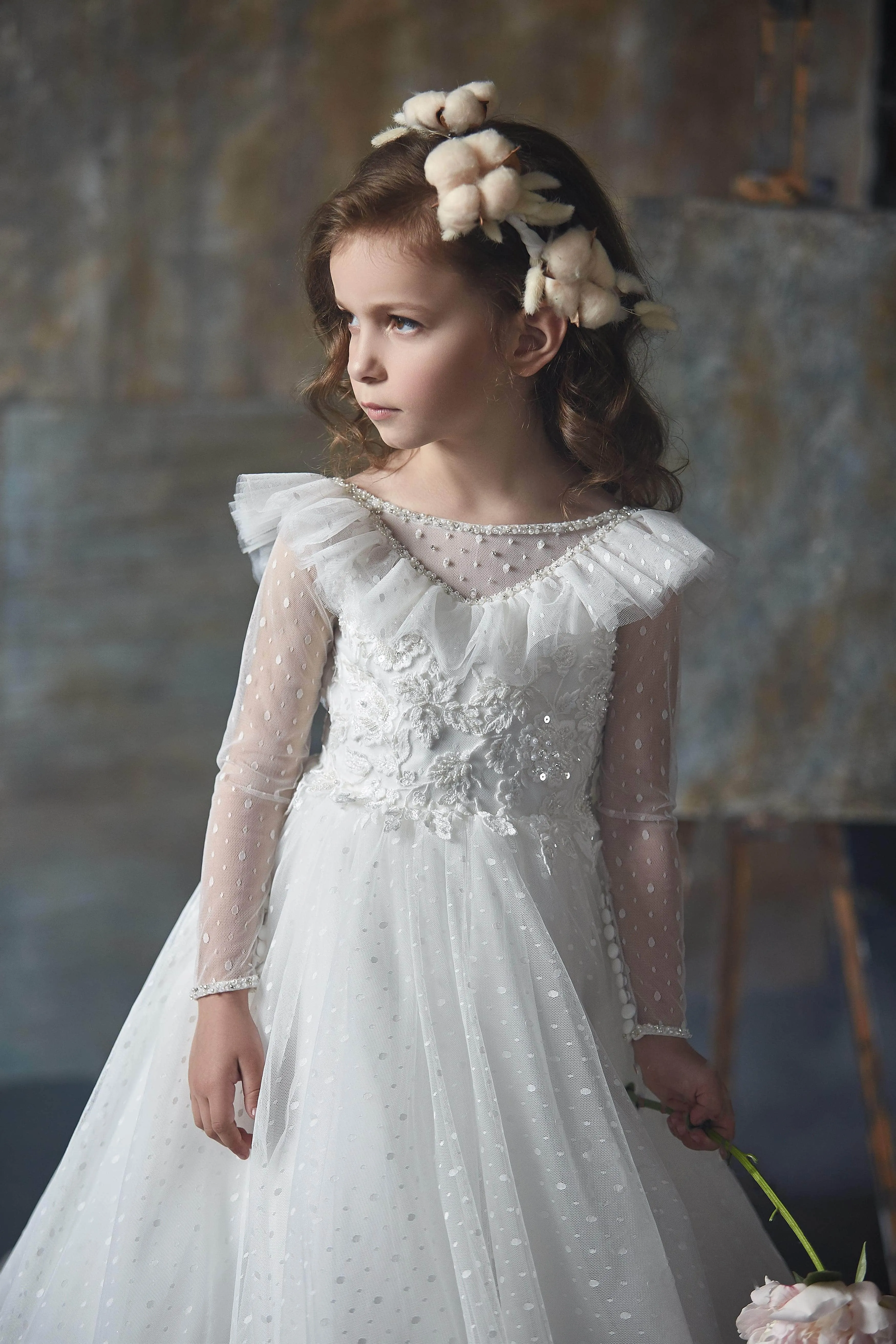 Girls Ruffled Shoulder Open Back Tulle Dress
