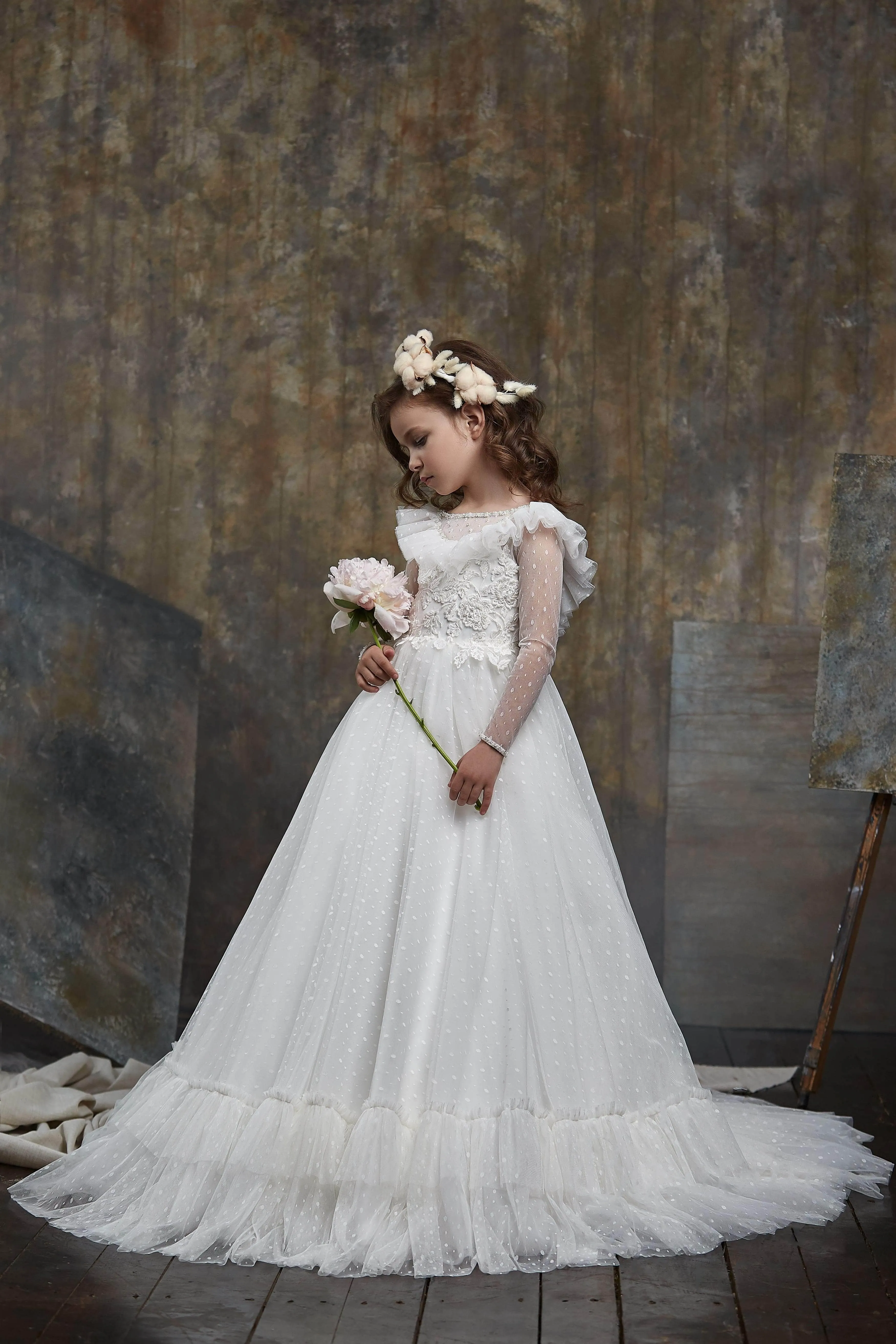 Girls Ruffled Shoulder Open Back Tulle Dress