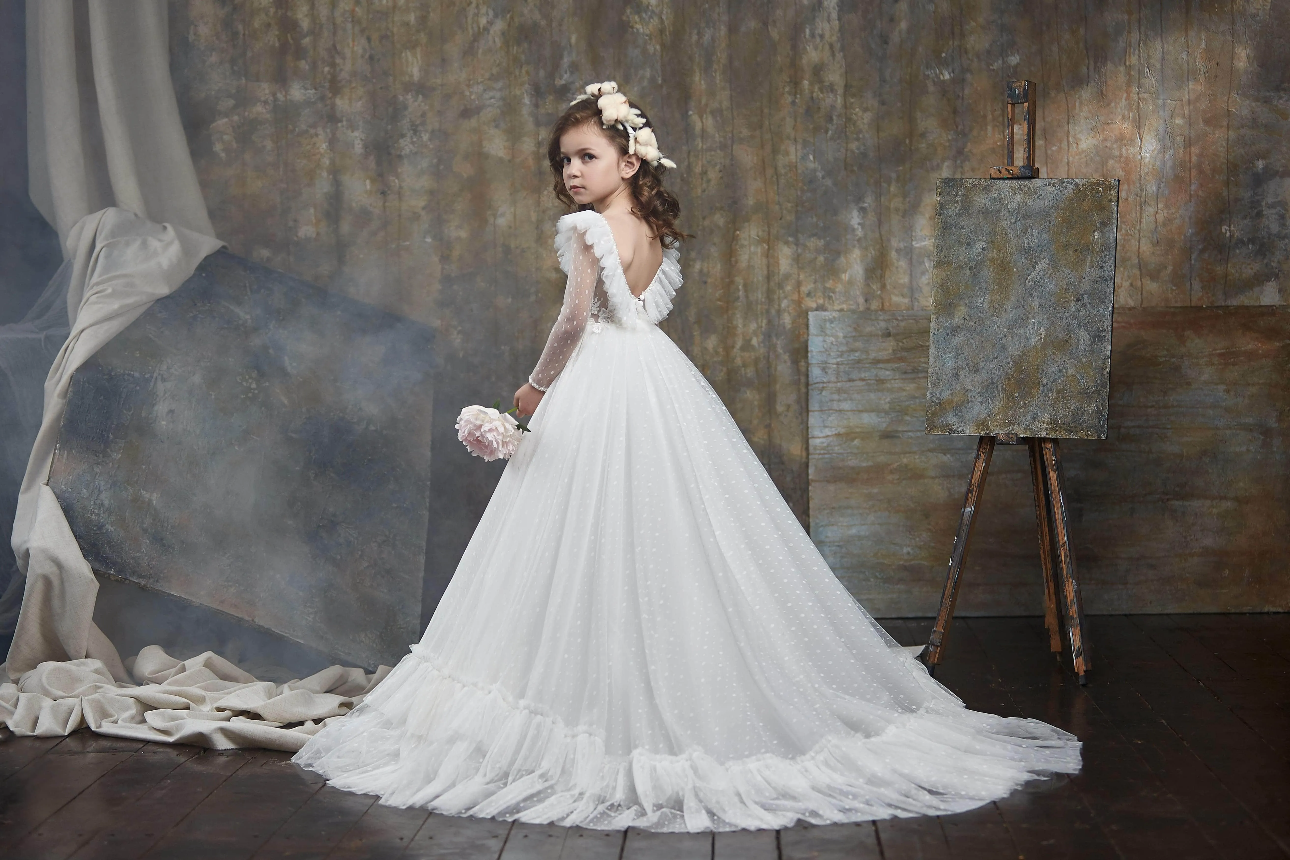 Girls Ruffled Shoulder Open Back Tulle Dress