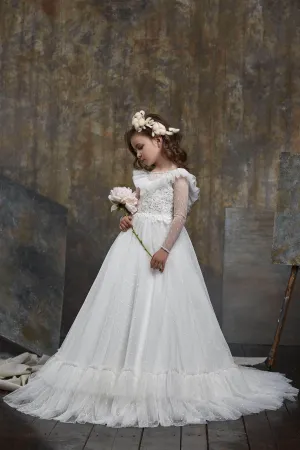 Girls Ruffled Shoulder Open Back Tulle Dress