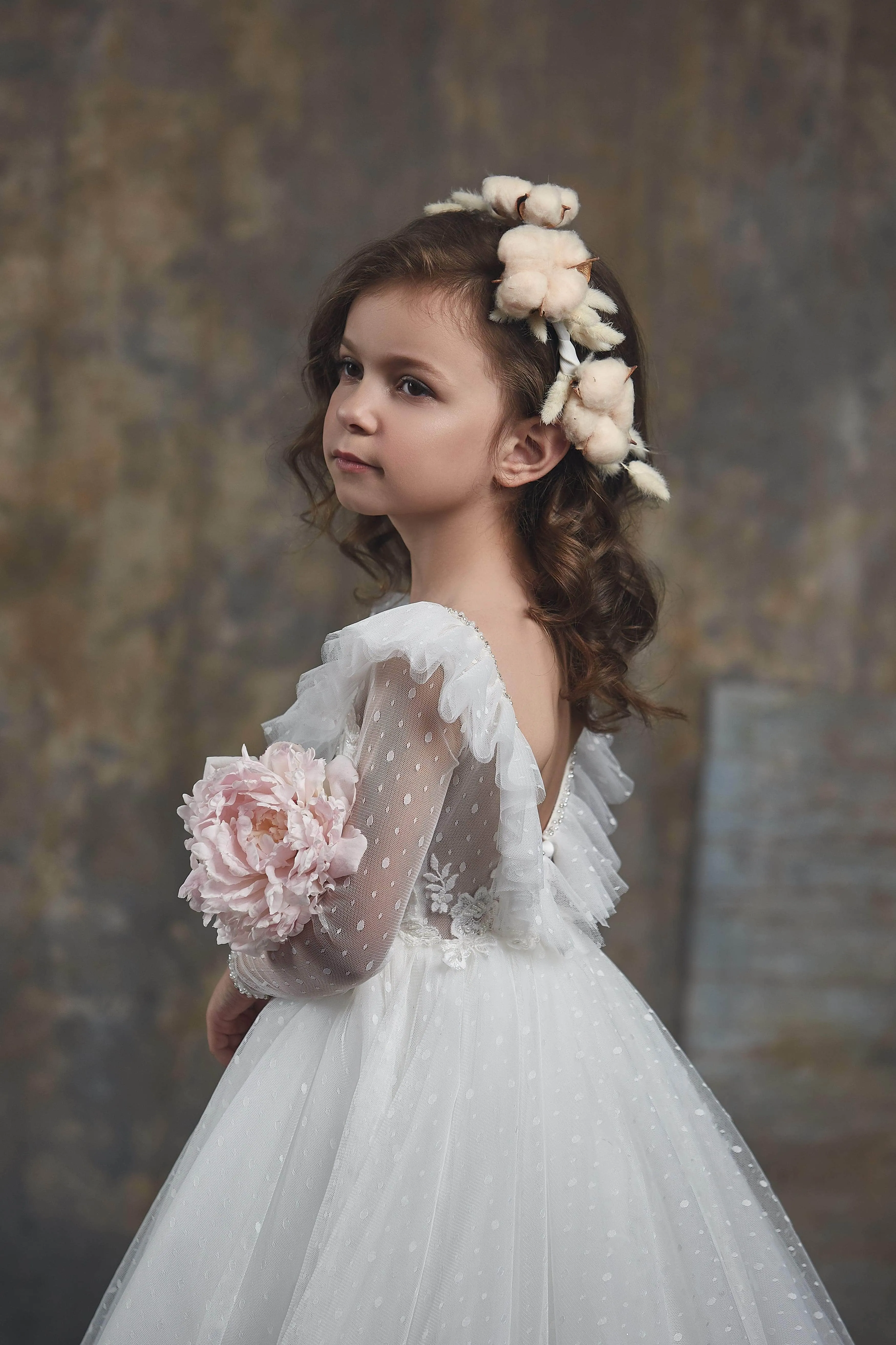 Girls Ruffled Shoulder Open Back Tulle Dress