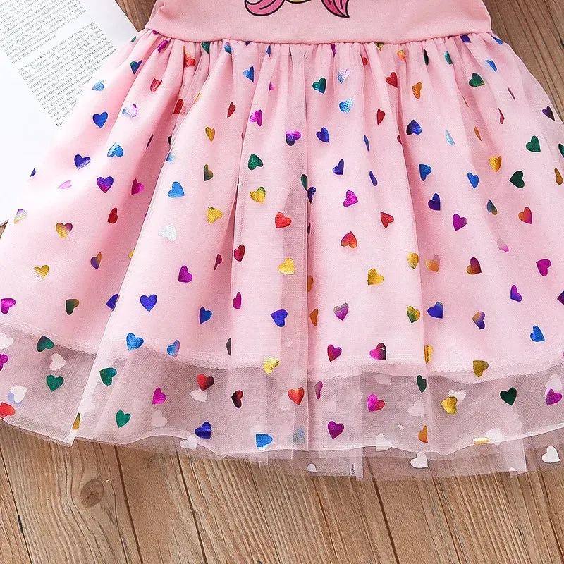 Girls Unicorn Princess Dress with Heart Sequins