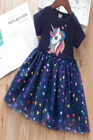 Girls Unicorn Princess Dress with Heart Sequins