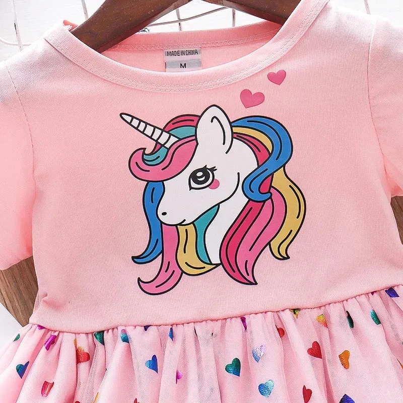 Girls Unicorn Princess Dress with Heart Sequins