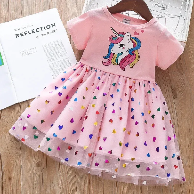 Girls Unicorn Princess Dress with Heart Sequins