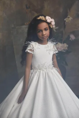Girls White Crimplene Dress with Lace Sleeves and Feathers