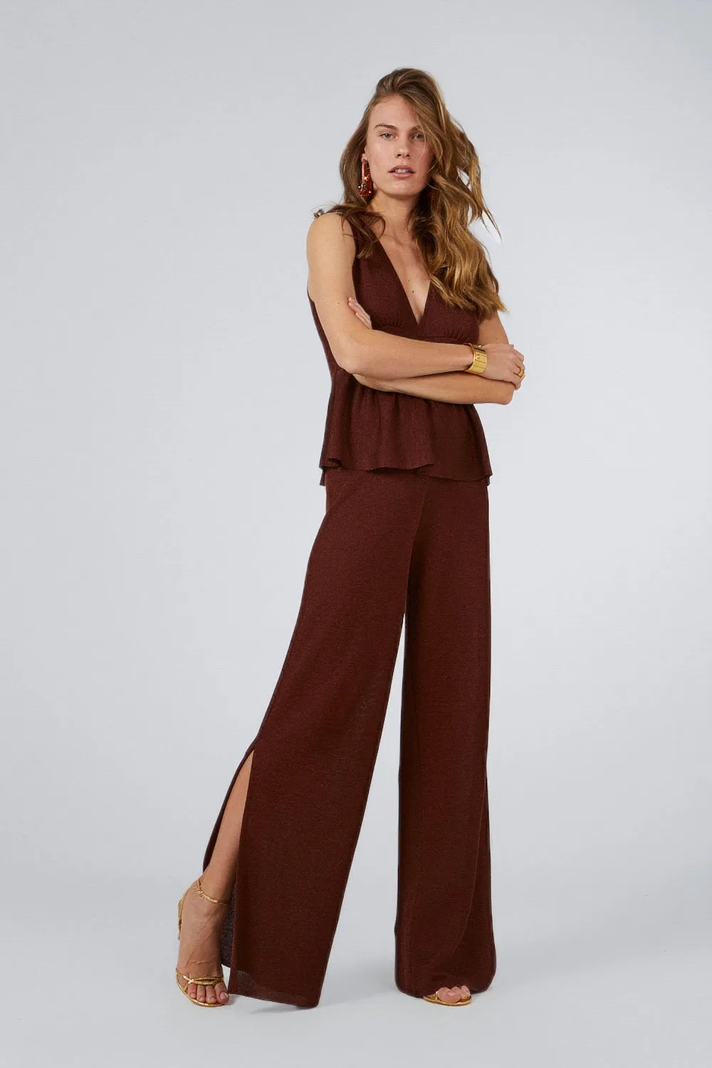GLITTERED PANTS WITH SLIDS ON BOTH SIDES BRONZE