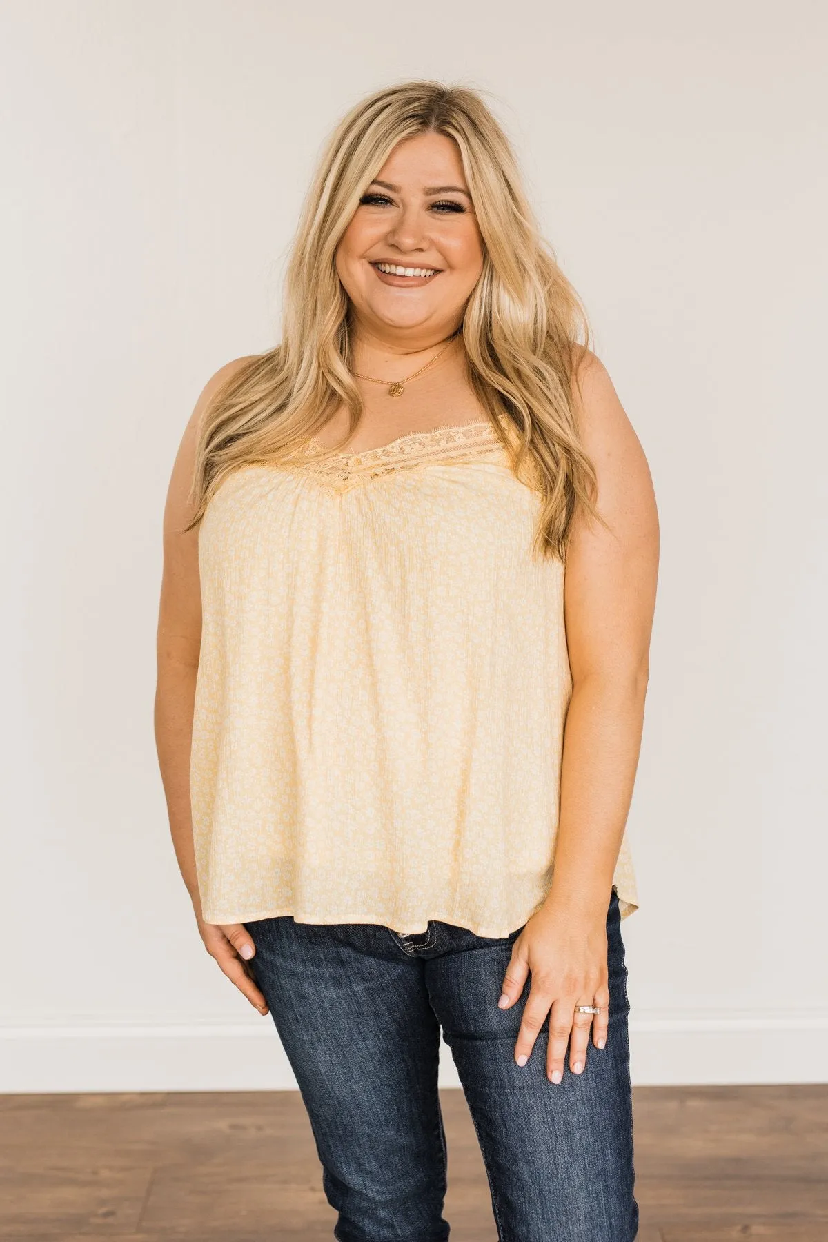 Golden Days Floral Lace Tank- Soft Yellow