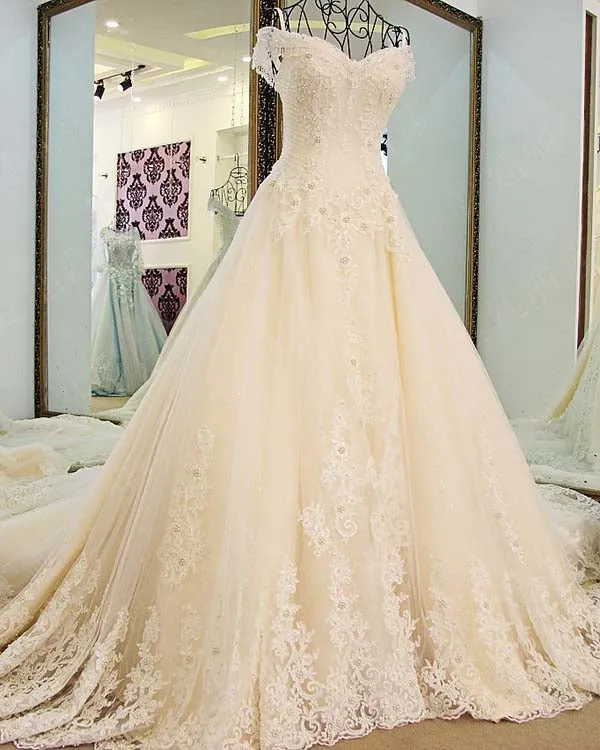 Gorgeous 2018 Ball Gown Wedding Dresses with Long Train Sparkly Lace Wedding Gowns Beaded