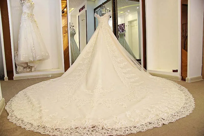 Gorgeous 2018 Ball Gown Wedding Dresses with Long Train Sparkly Lace Wedding Gowns Beaded