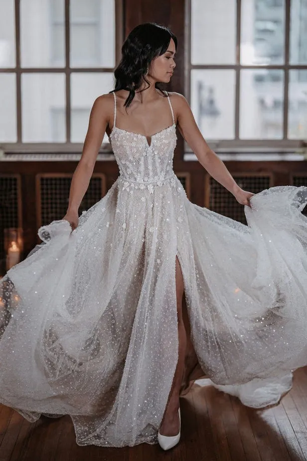 Gorgeous A Line Sparkly Tulle Wedding Dress with Slit N132