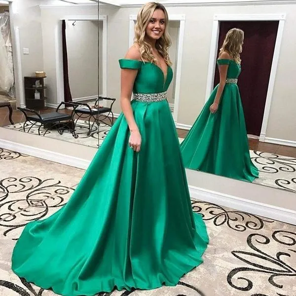 green prom dresses long 2020 beaded off the shoulder satin elegant prom gown 2019 women pageant dresses