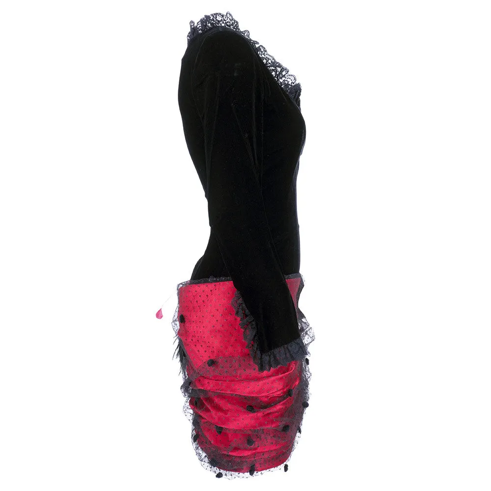 Guy Laroche Couture 1980's Black Velvet Red Satin Polka Dot Net Lace Feather Dress