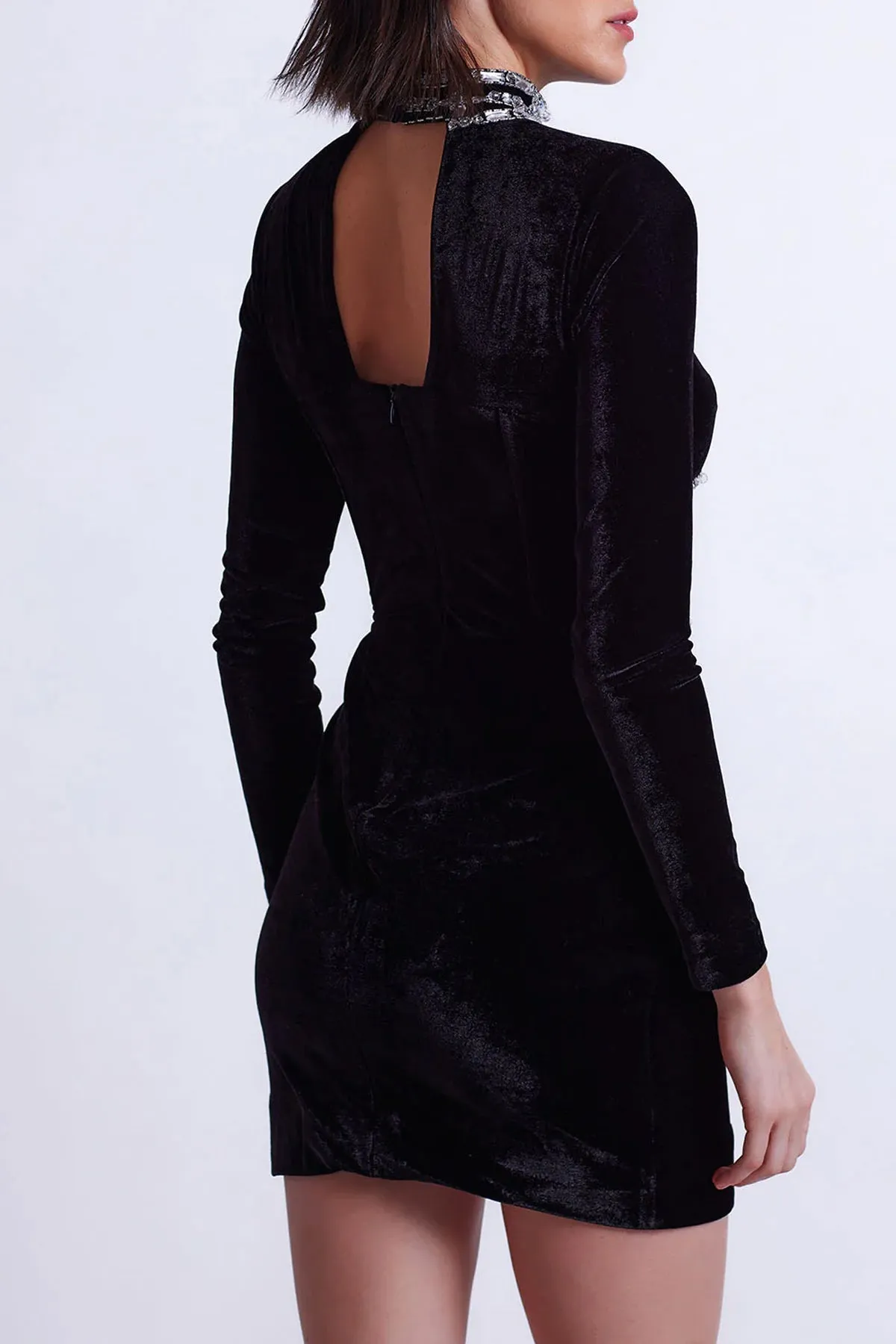 Hand Beaded Velvet Bustier Mini Dress in Black