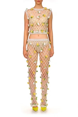 Hand Cochet Top With White And Yellow Flowers
