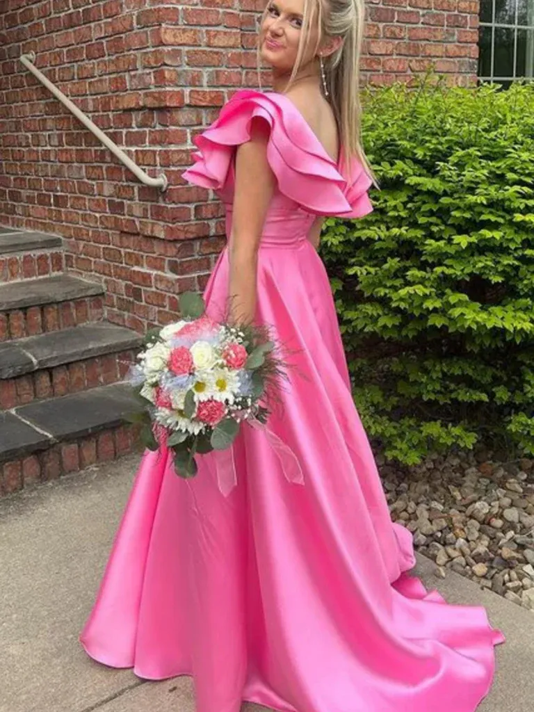 Hot Pink Cap Sleeves Satin Long Prom Dresses with High Slit, Hot Pink Satin Long Formal  Evening Graduation Dresses