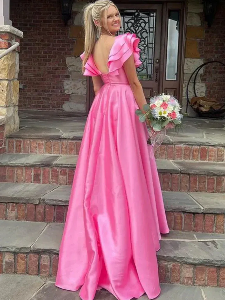 Hot Pink Cap Sleeves Satin Long Prom Dresses with High Slit, Hot Pink Satin Long Formal  Evening Graduation Dresses