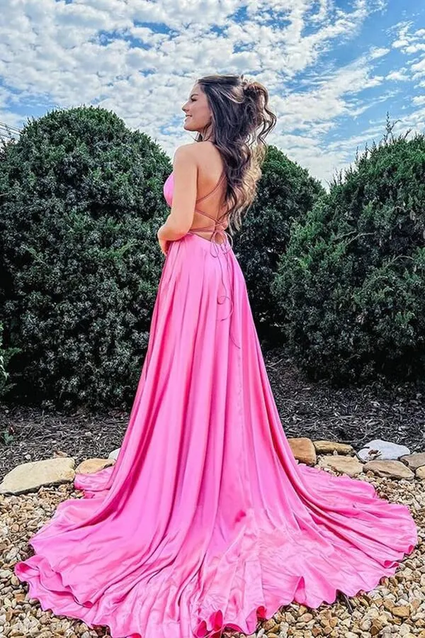 Hot Pink Satin A-line Scoop Long Prom Dresses, Evening Dress With Slit, MP704