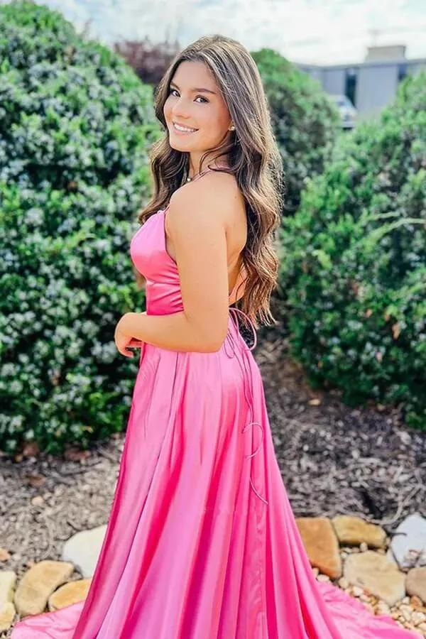Hot Pink Satin A-line Scoop Long Prom Dresses, Evening Dress With Slit, MP704