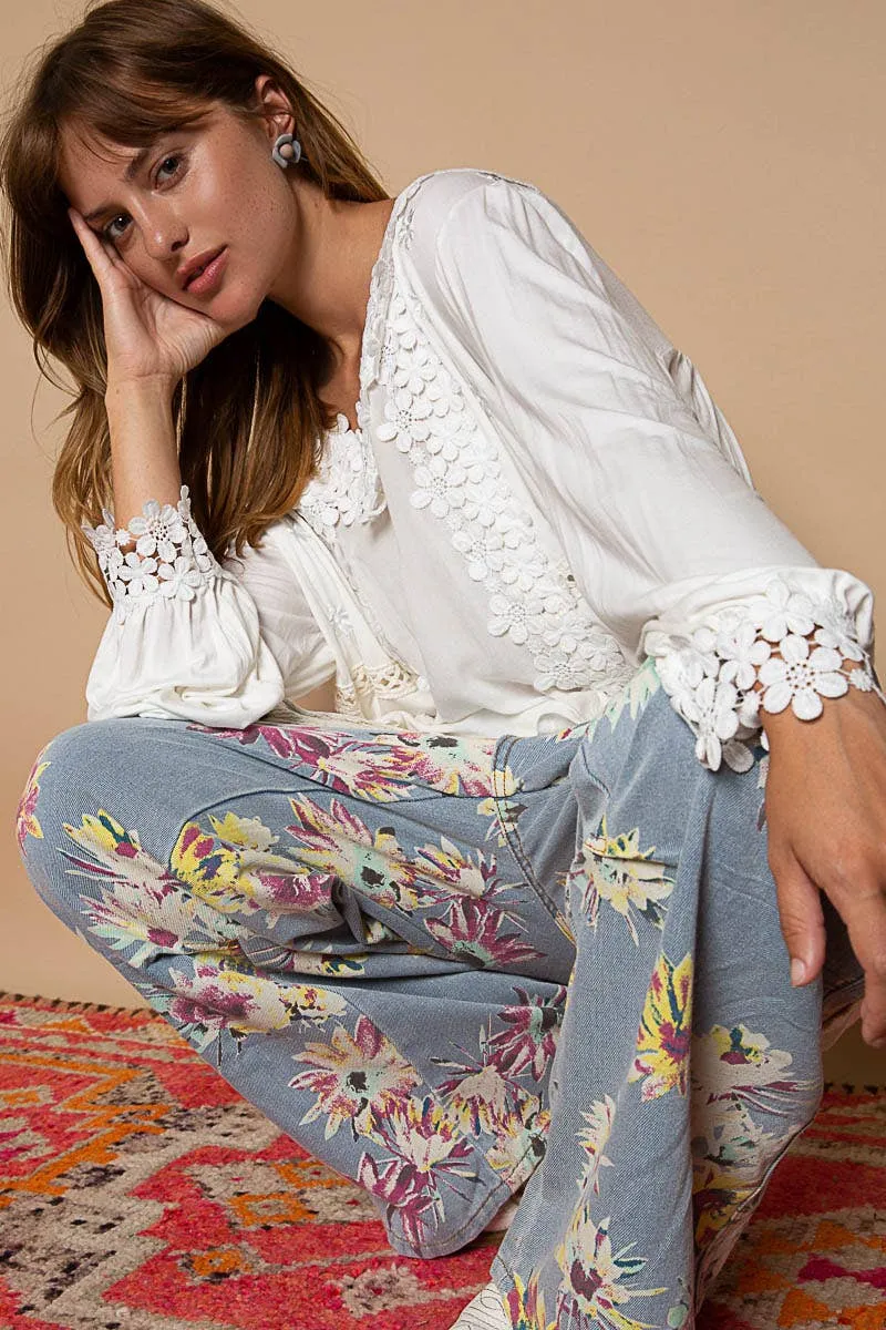Ivory Long sleeve contrast floral lace crochet detail v-neck POL Top