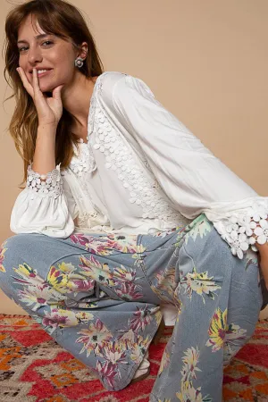 Ivory Long sleeve contrast floral lace crochet detail v-neck POL Top