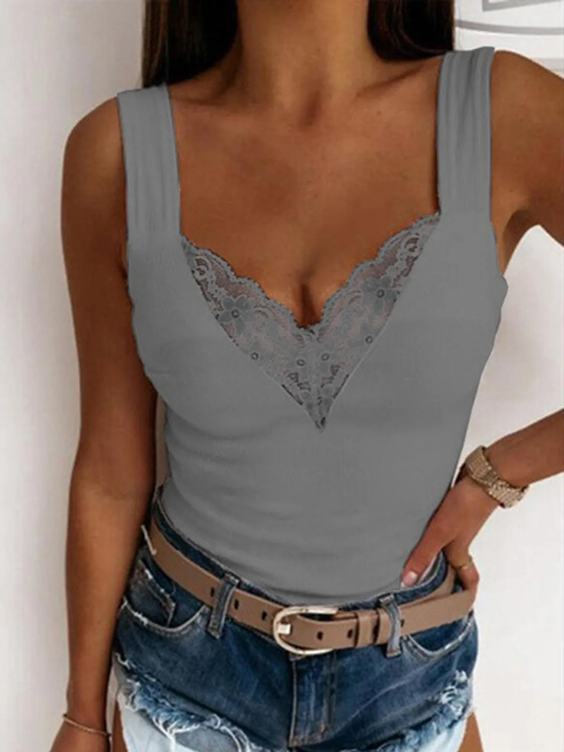 Jade Lace Detail Sweetheart Neck Tank - Online Exclusive