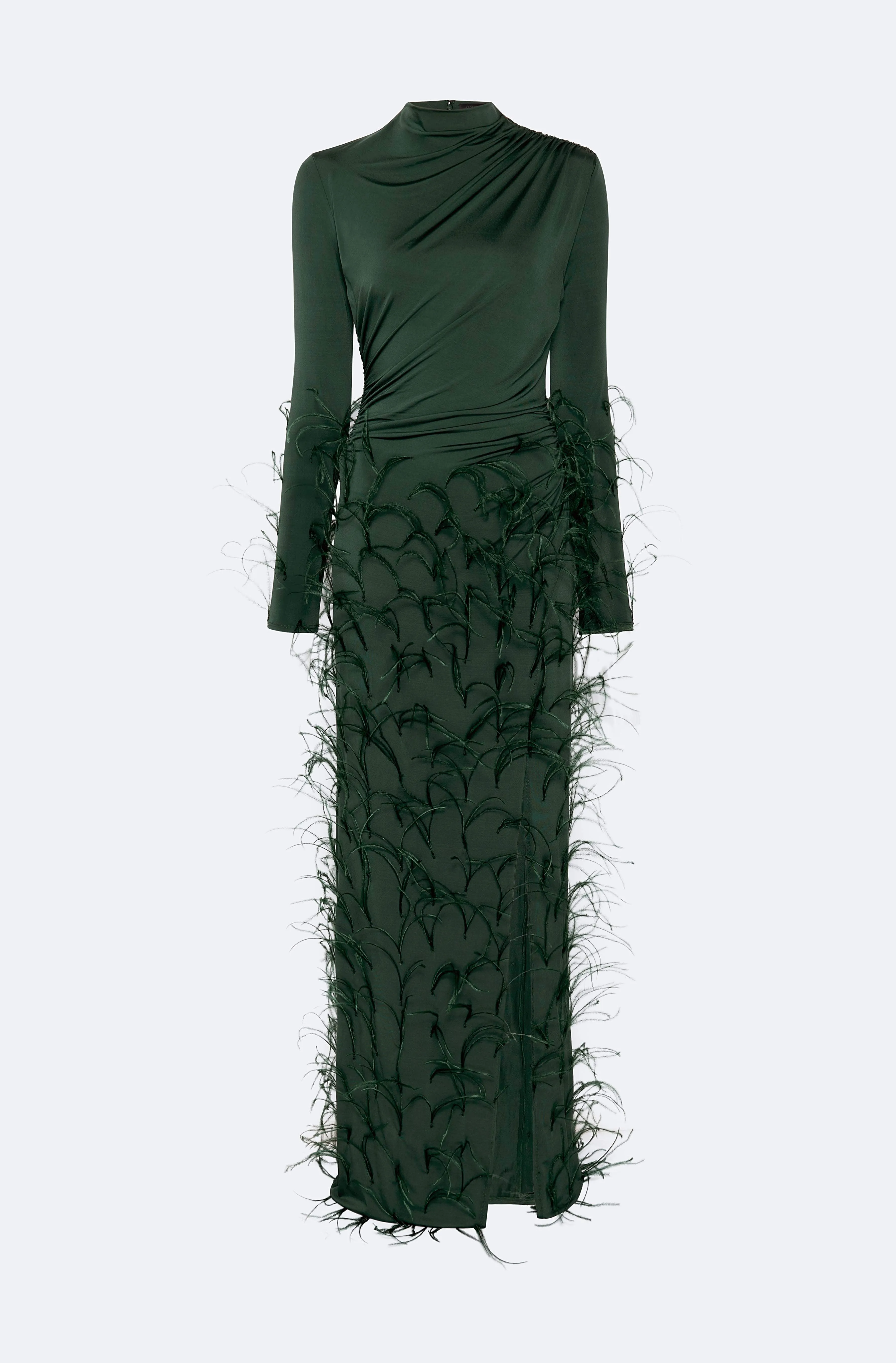 Jersey Draped Gown With Feathers