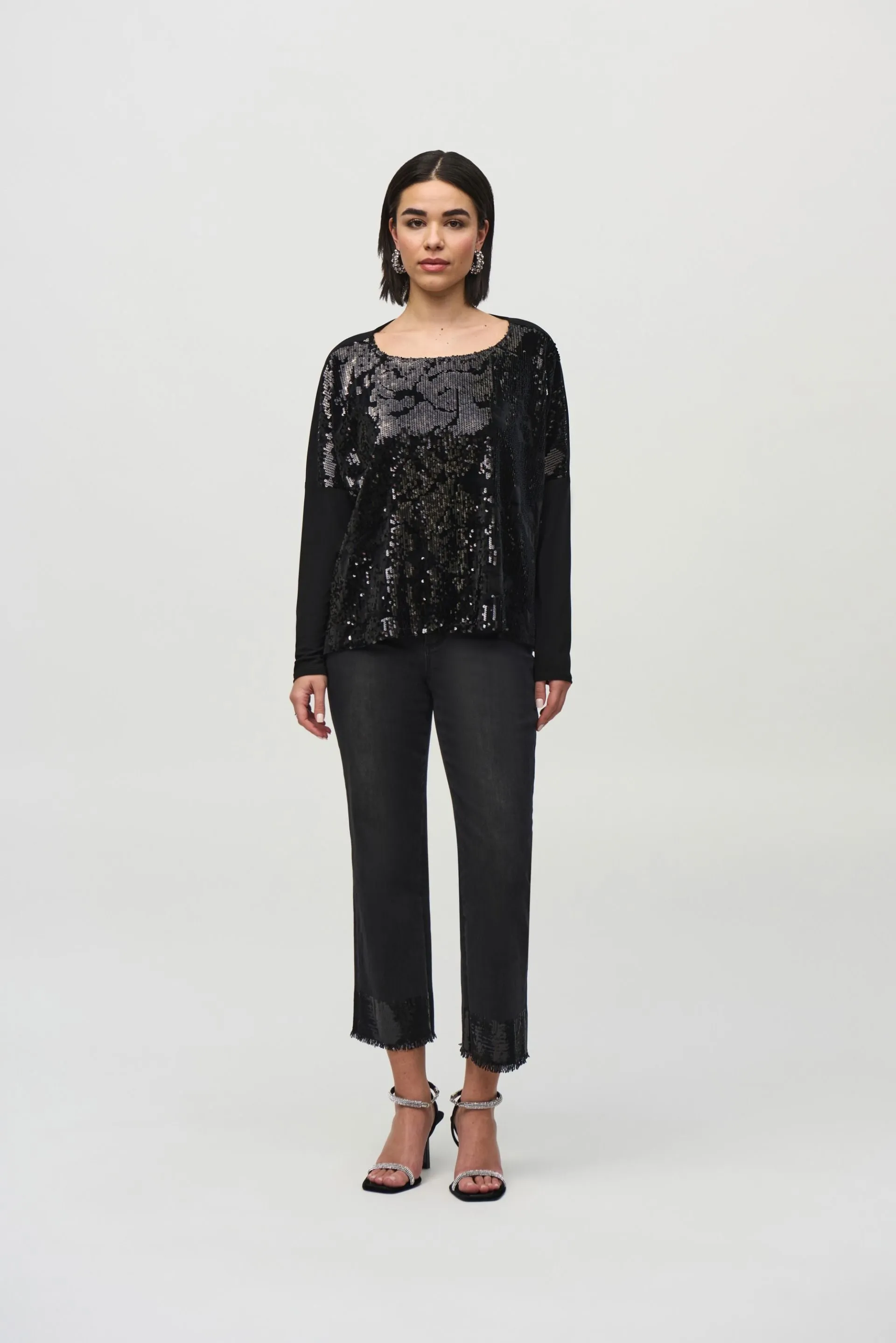 Joseph Ribkoff Black Sequined Velvet Long Sleeve Top 244005