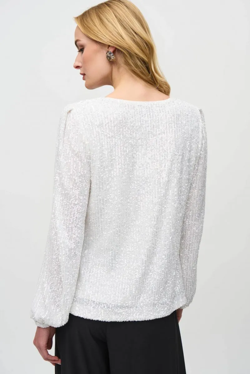Joseph Ribkoff Sequined Cowl Neck Long Puff Sleeves Top 244917