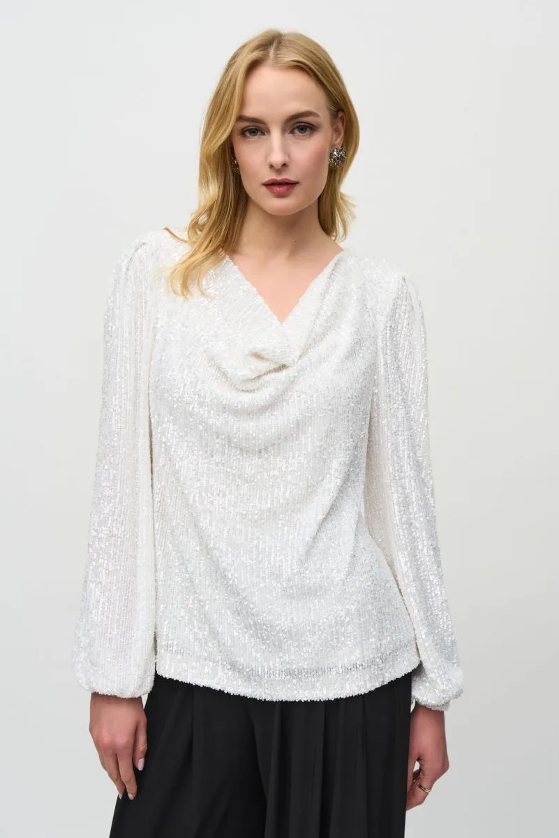 Joseph Ribkoff Sequined Cowl Neck Long Puff Sleeves Top 244917