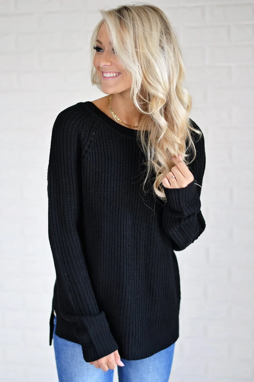 Knit Back Lace Up Top ~ Black