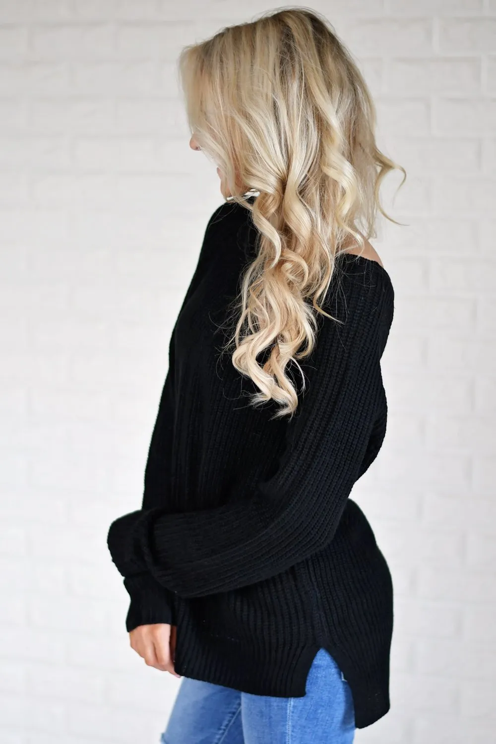 Knit Back Lace Up Top ~ Black