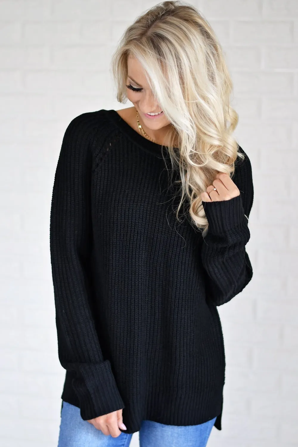 Knit Back Lace Up Top ~ Black