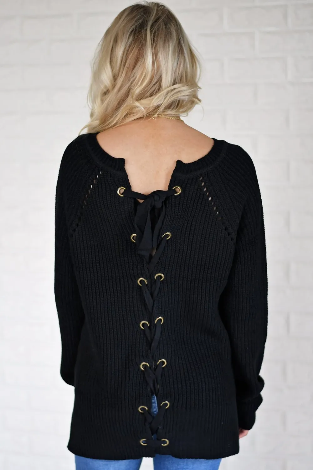 Knit Back Lace Up Top ~ Black