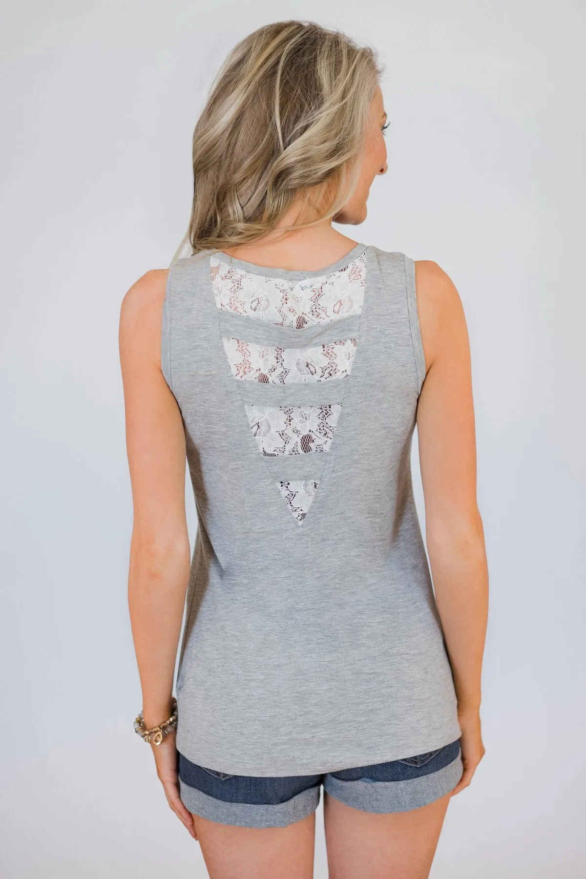 Lace Back Pocket Tank Top - Light Grey