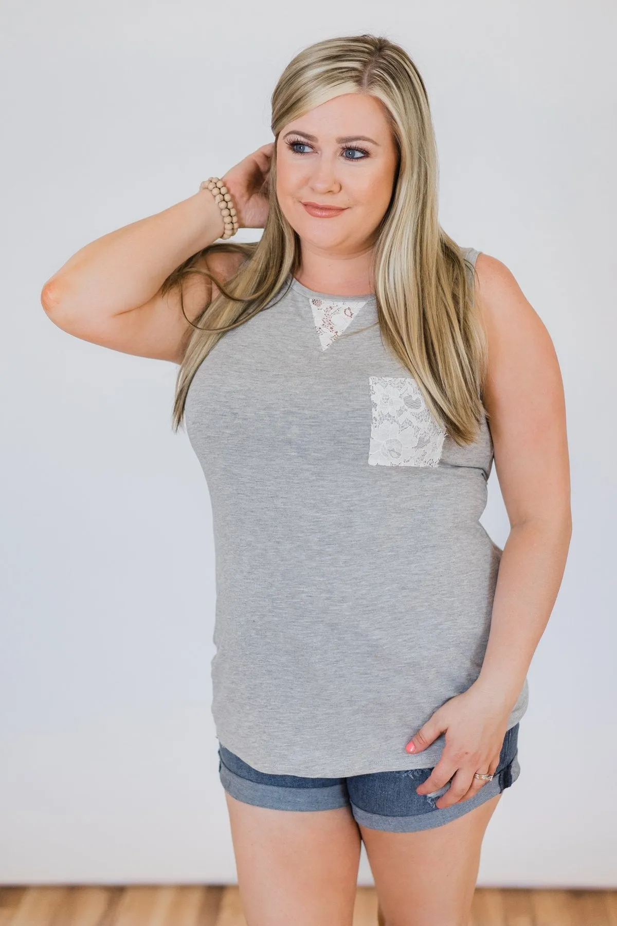 Lace Back Pocket Tank Top - Light Grey
