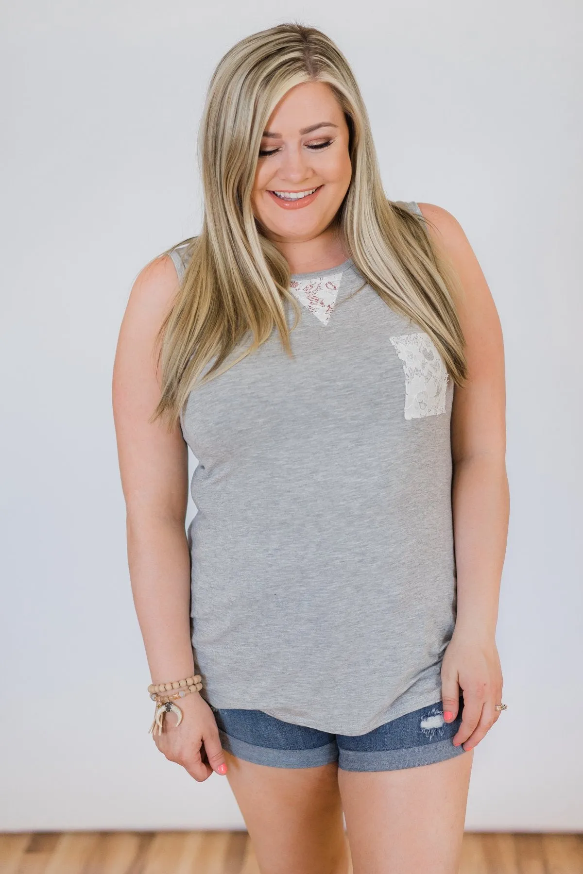 Lace Back Pocket Tank Top - Light Grey