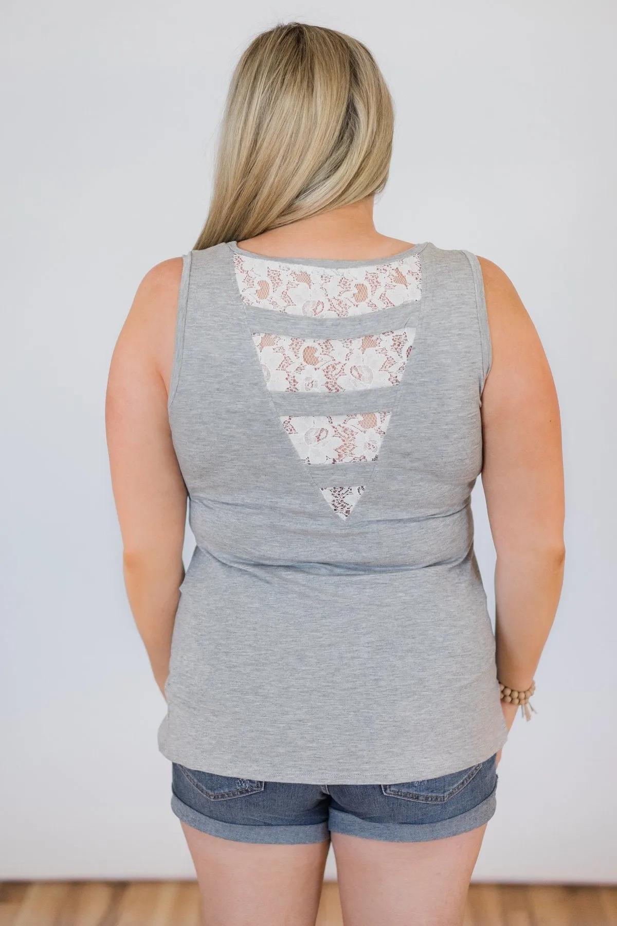 Lace Back Pocket Tank Top - Light Grey