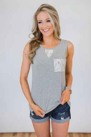 Lace Back Pocket Tank Top - Light Grey