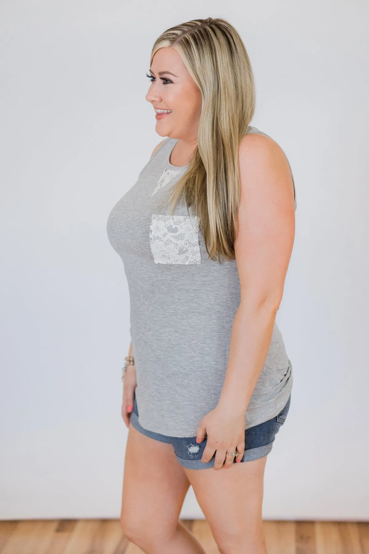 Lace Back Pocket Tank Top - Light Grey