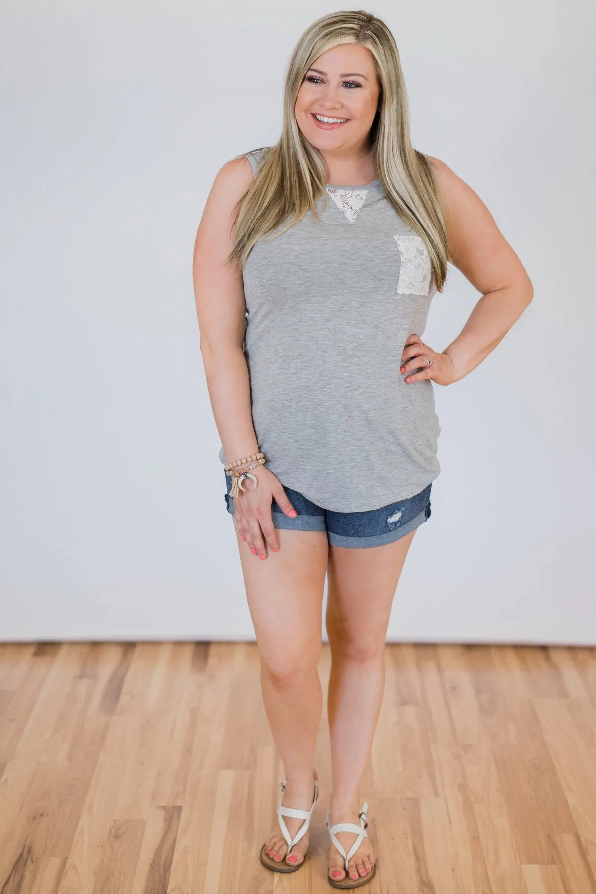 Lace Back Pocket Tank Top - Light Grey