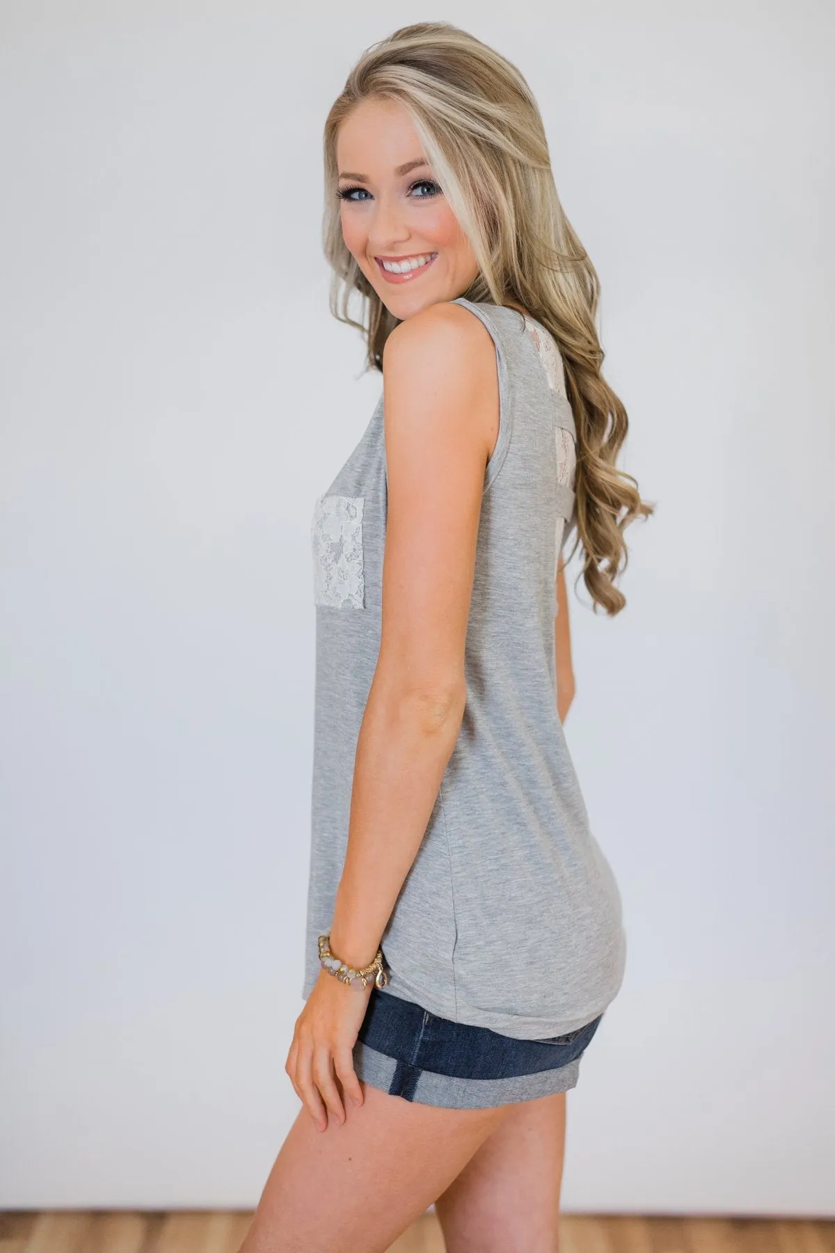 Lace Back Pocket Tank Top - Light Grey