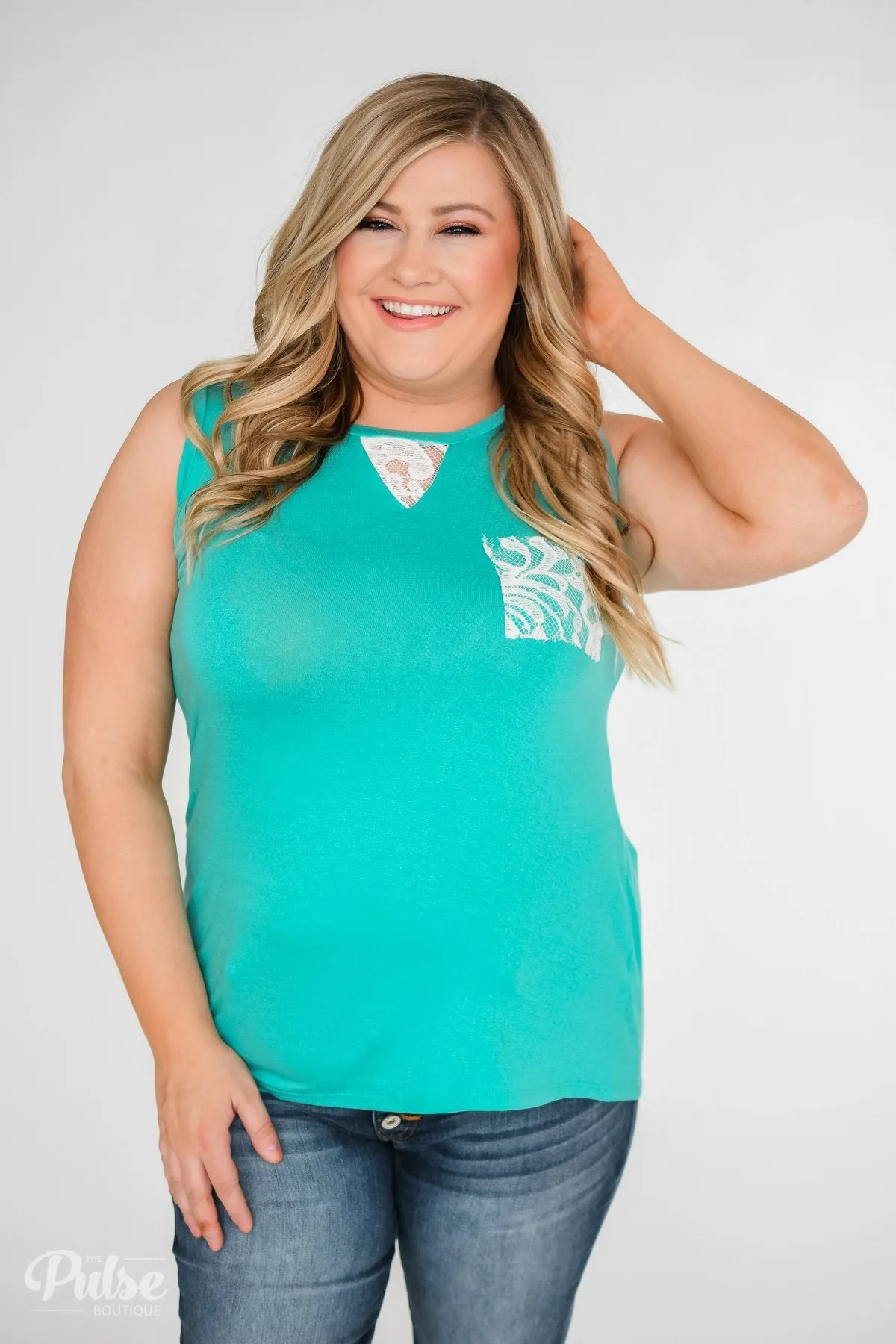 Lace Back Pocket Tank Top- Teal