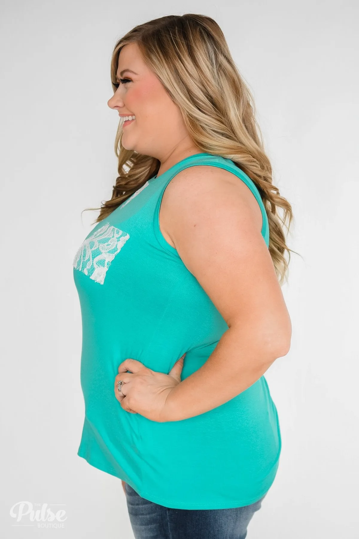 Lace Back Pocket Tank Top- Teal
