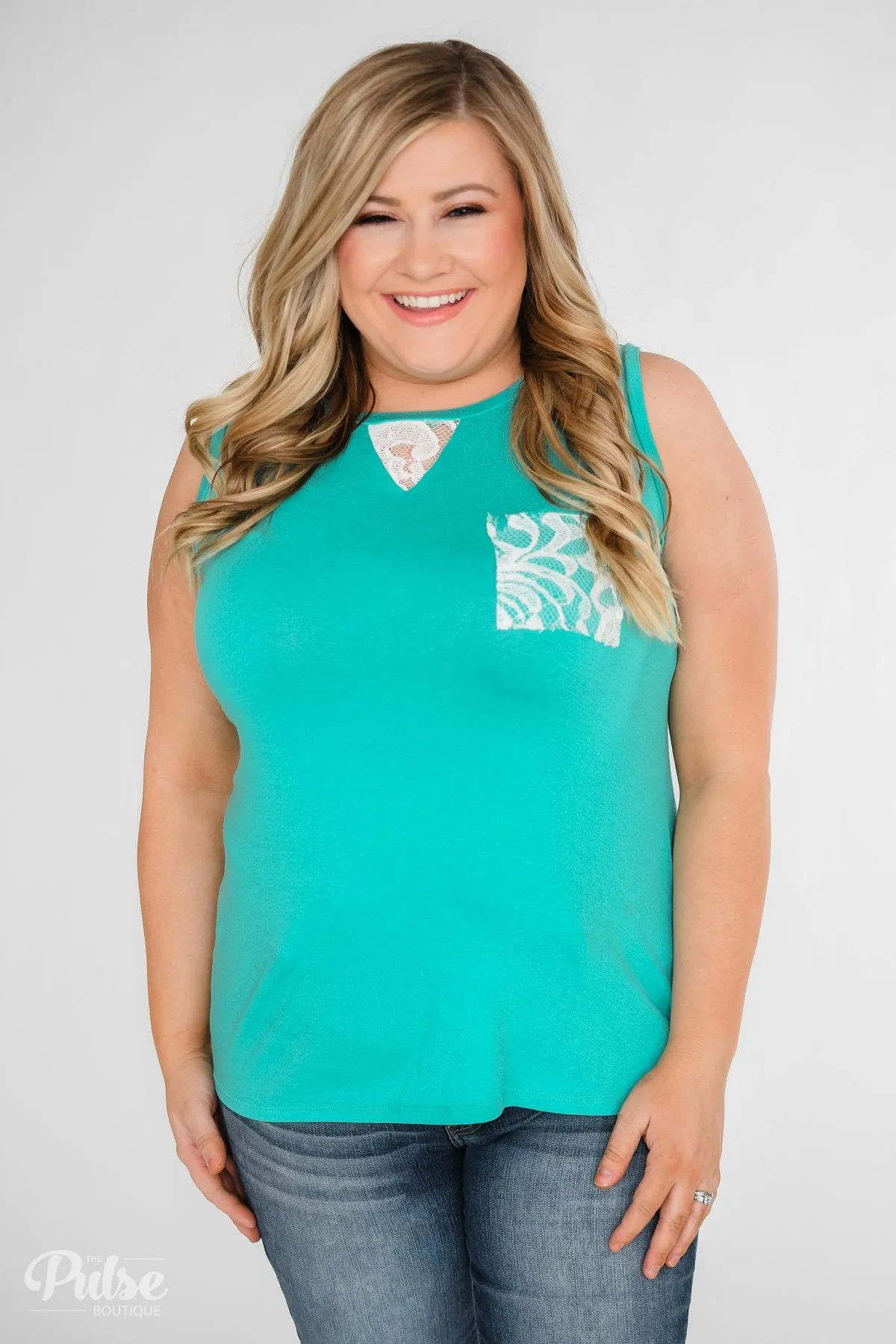 Lace Back Pocket Tank Top- Teal