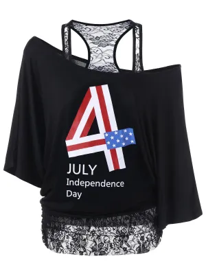 Lace Panel Funny 4th of July T-Shirts - Black - XL