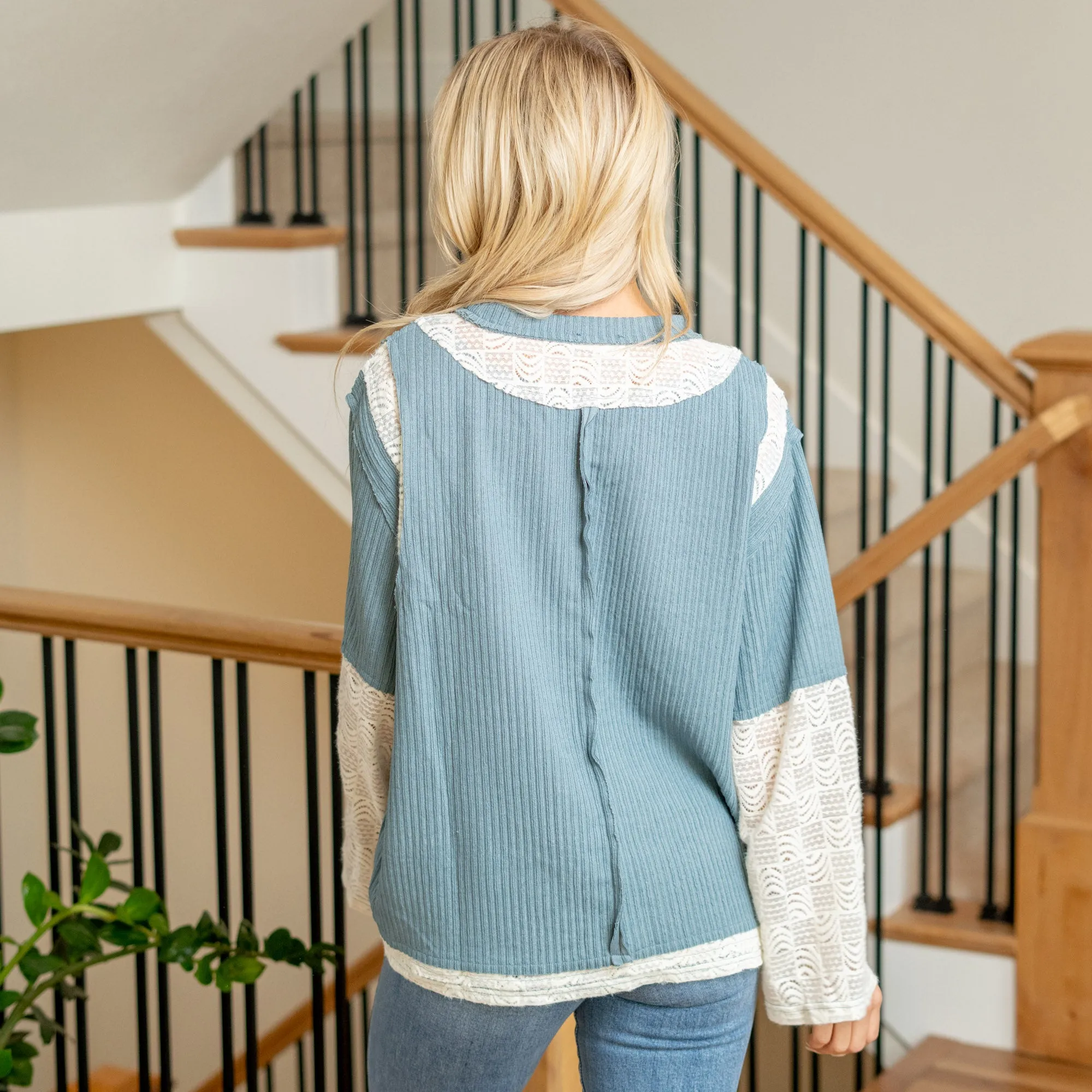 Lace Panel Round Neck Long Sleeve Top