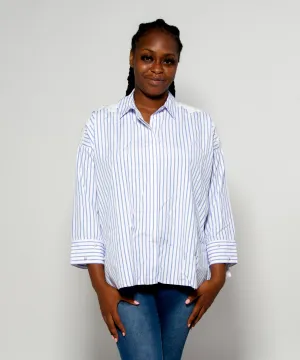 Lace Shoulder Blue And White Shirt With Pearl On Sleeve