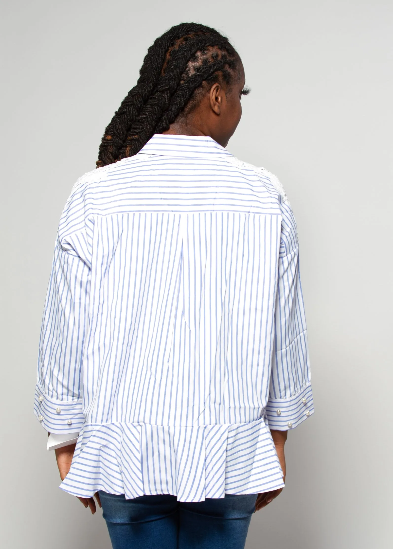 Lace Shoulder Blue And White Shirt With Pearl On Sleeve