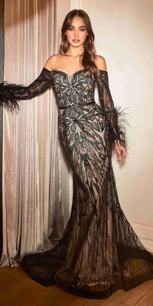 Ladivine CB127 Off the Shoulder Long Sleeve Glitter Deco Print Mermaid Gown
